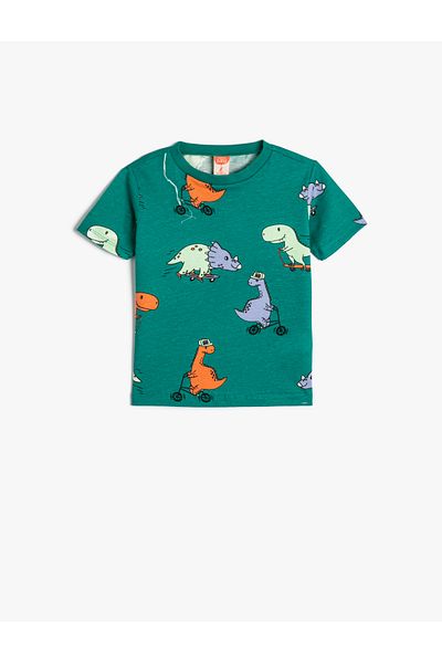 Koton Tricou cu mânecă scurtă cu decolteu rotund din bumbac imprimat cu grafic dinozaur
