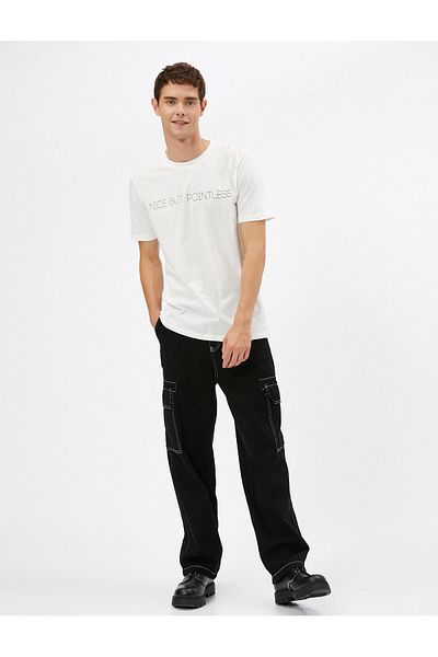 Koton Crew Neck Slogan Printed Cotton T-Shirt