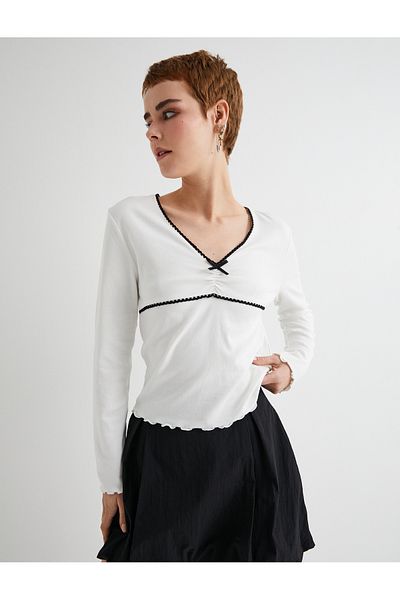 Koton T-shirt V λαιμόκοψη Βαμβακερό μακρυμάνικο με φιόγκο και ντραπέ λεπτομέρεια