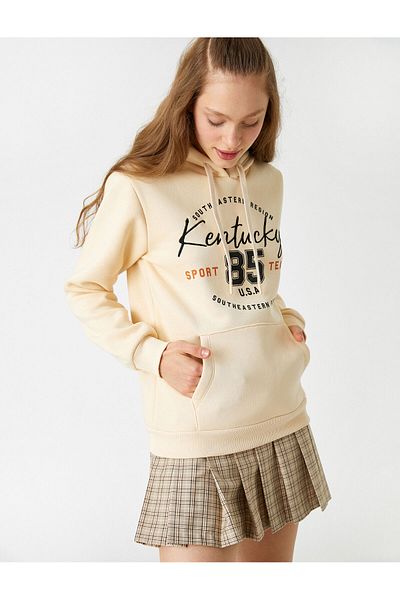 Koton Printed College Sweatshirt Hooded with Pocket Fleece Inside
