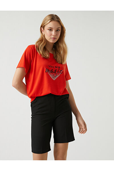 Koton Printed Sequin T-Shirt Crew Neck