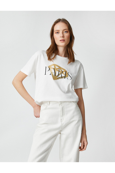 Koton تي شيرت مطبوع بأكمام قصيرة ورقبة دائرية