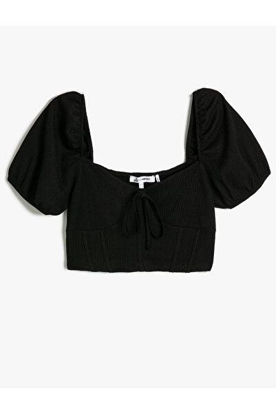 Koton Crop Tişört Balon Kollu Kalp Yaka Bağcıklı Korse Görünümlü