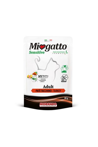 MioGatto كيس طعام القطط البالغة بنكهة الديك الرومي الحساسة - 85 جم