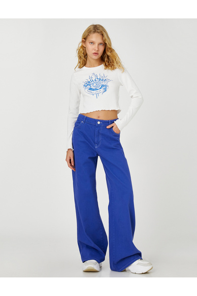 Koton Μακρυμάνικο T-Shirt Crop Printed Crew Neck