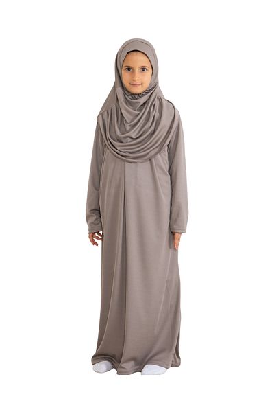 Modish Group Two Pieces Kids Prayer Dress Set Suit with Scarf, Islamic Clothing Suit for Girls - Dark Mink