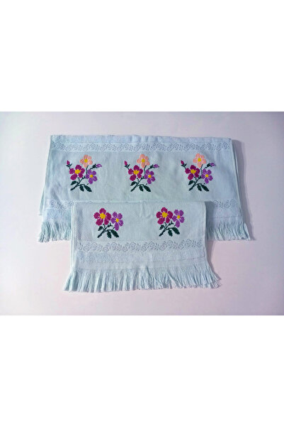 Fiesta Hediyelik Çeyizlik Kanaviçe Işlemeli Etamin Havlu Takım Turkuaz