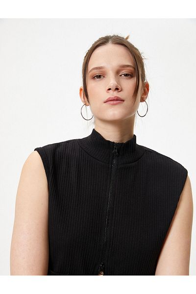 Koton Ärmellose Strickjacke Stehkragen Doppelseitiger Reißverschluss Tasche Slim Fit