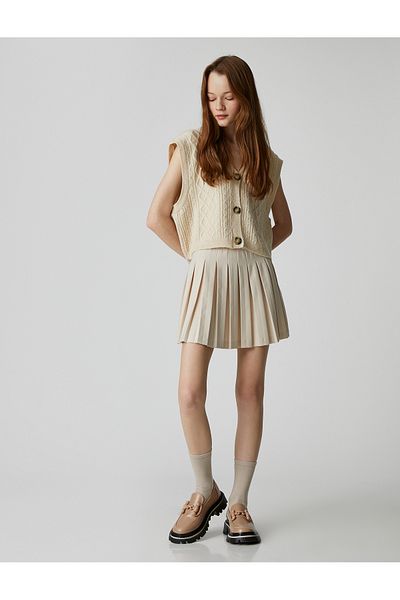 Koton Crop Cardigan V-Neck Sleeveless Buttoned Braid Patterned