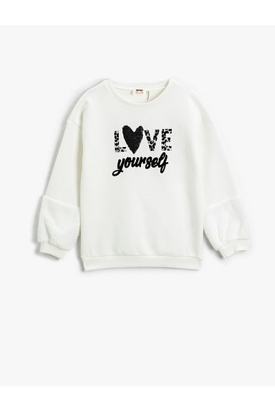 Koton Plush Detailed Sweatshirt Sequin Sequin Embroidered Crew Neck Ribbed
