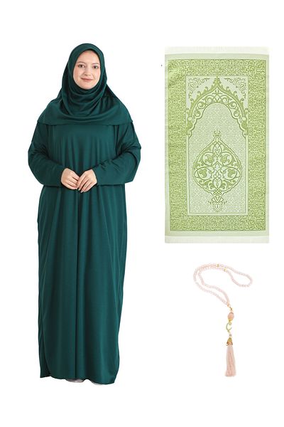 Modish Group Prayer Dress Scarf Prayer Rug Rosary Set, Islamic Clothing Suit Ferace Turban Shawl