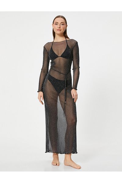 Koton Langes Strandkleid aus glänzendem Tüll – Metallisches Garn und Schnürung an der Taille