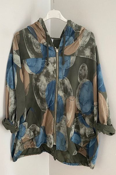 AYASOFYA OTANTIK Women's Italian Khaki Hooded Zipper Bag Pocket Oversize Loose Cotton Jacket Cardigan
