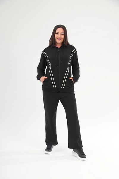 Şans Women's Plus Size Black Front Zipper Stripe and Stone Detailed Hooded Tracksuit Suit 65N38692