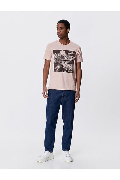 Koton Slogan Printed T-Shirt with Landscape Detail Slim Fit Crew Neck Cotton