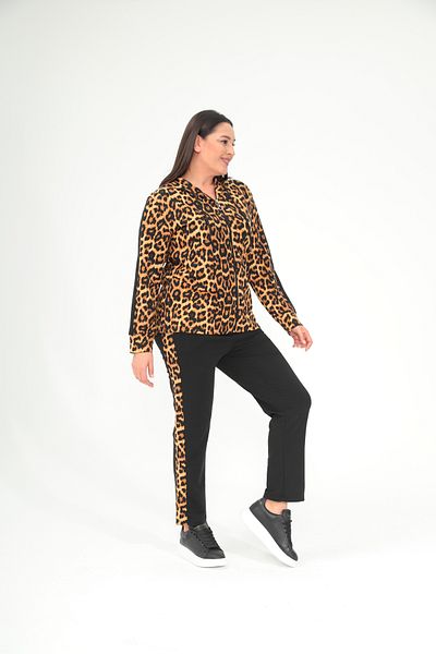 Şans Women's Plus Size Black Front Zipper Leopard Detail Tracksuit Suit 65N38697