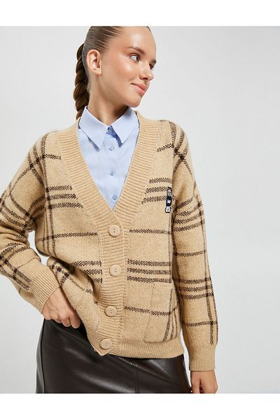 Koton Oversize College Cardigan V-Neck Button-Up Pocket Long Sleeve
