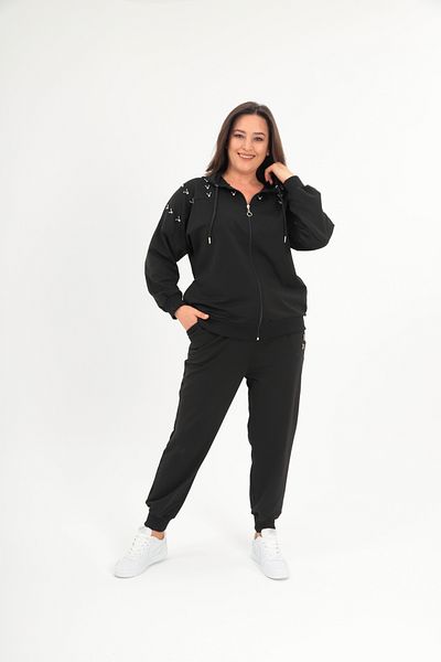 Şans Women's Plus Size Black Front Zip Stone Detailed Hooded Tracksuit Suit 65N38691