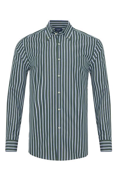 Germirli Green Blue Striped Button Collar Exclusive Tailor Fit Cotton Shirt