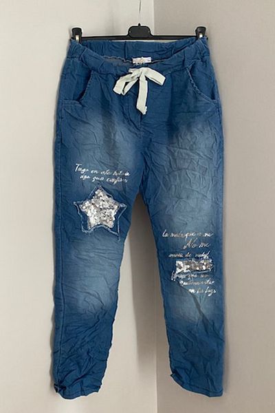 AYASOFYA OTANTIK Italian Blue Sequins Sequined Laser Cut Skinny Jeans - Elastic Waist Star Patch