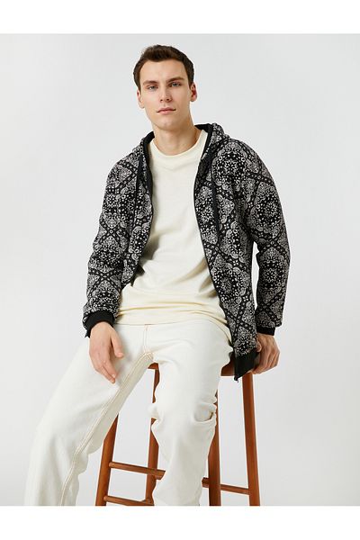 Koton Hooded Sweatshirt Zippered Shawl Printed Pocket