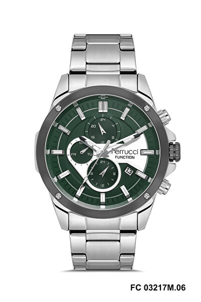 Ferrucci YUVARLAK YEŞİL-BEYAZ KADRANLI MULTI FONCTION DUAL TIME TAKVİMLİ GÜMÜŞ ERKEK KOL SAATİ