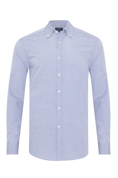 Germirli Albini Exclusive Navy Blue Gingham Patterned Buttoned Collar Tailor Fit Cotton Shirt