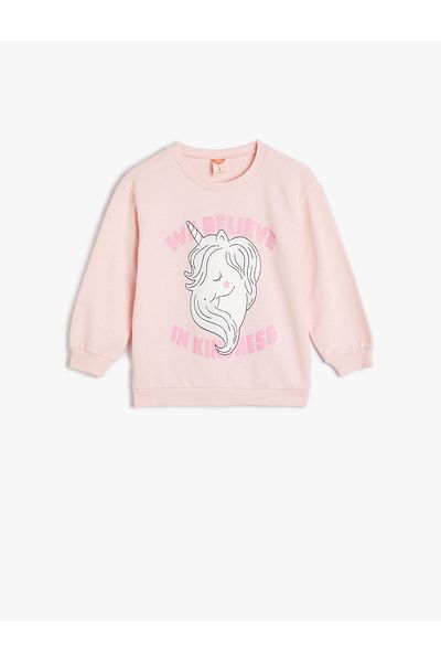 Koton Sweatshirt Unicorn Printed Long Sleeve Raised Cotton