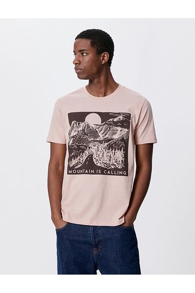 Koton Slogan Printed T-Shirt with Landscape Detail Slim Fit Crew Neck Cotton