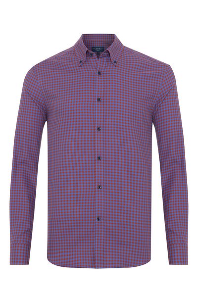Germirli Albini Burgundy Blue Potikare Flannel Buttoned Collar Tailor Fit Cotton Shirt