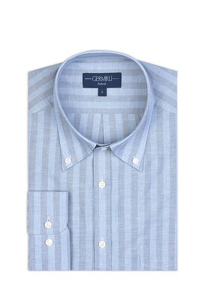 Germirli Blue Gray Striped Button Collar Pocket Tailor Fit Cotton Linen Shirt