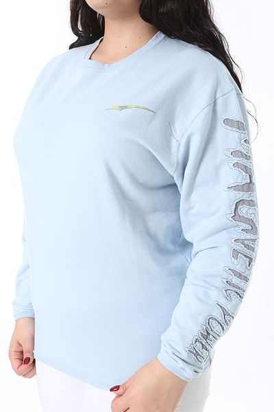 Şans Women's Plus Size Blue Sleeve Flocked Printed Sweatshirt 65N38689