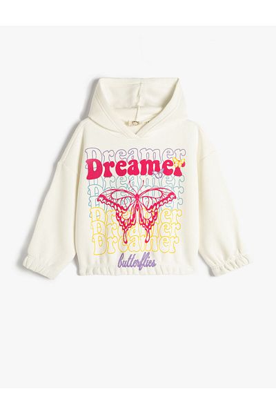 Koton Sweatshirt Hooded Butterfly Printed Cotton
