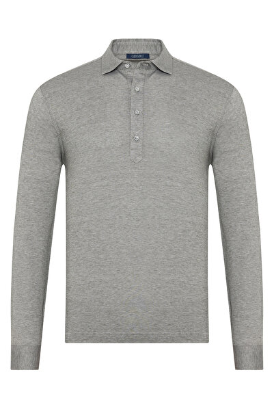 Germirli Gri Piquet Gömlek Yaka Regular Fit Uzun Kollu Uzun Kollu Tişört