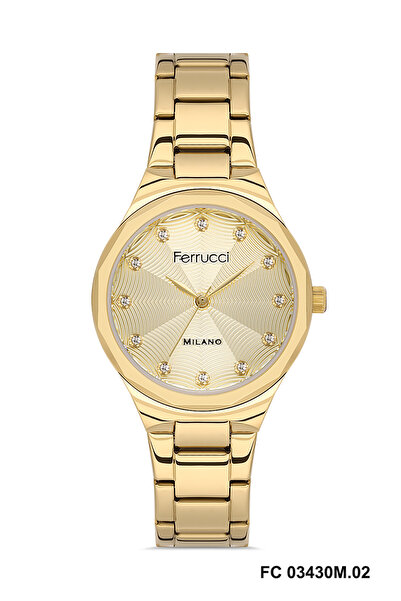 Ferrucci YUVARLAK SARI KADRANLI RAKAMLARI TAŞLI KESME CAMLI GOLD KADIN KOL SAATİ
