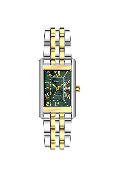 Ferrucci KARE YEŞİL KADRANLI ROMA RAKAMLI GÜMÜŞ-GOLD KADIN KOL SAATİ