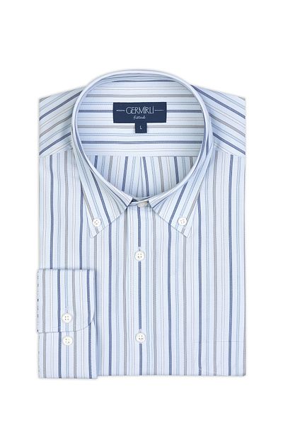 Germirli Blue Navy Blue Striped Buttoned Collar Pocket Tailor Fit Cotton Shirt