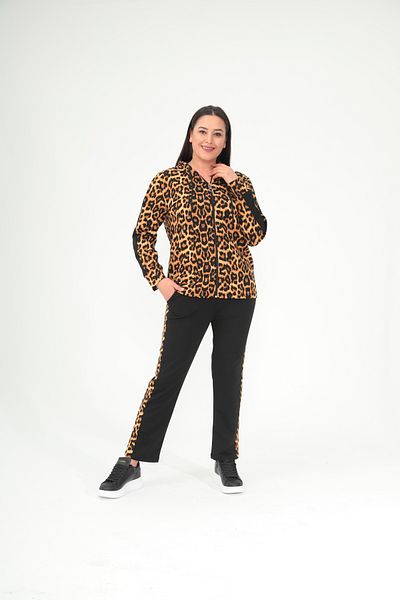 Şans Women's Plus Size Black Front Zipper Leopard Detail Tracksuit Suit 65N38697
