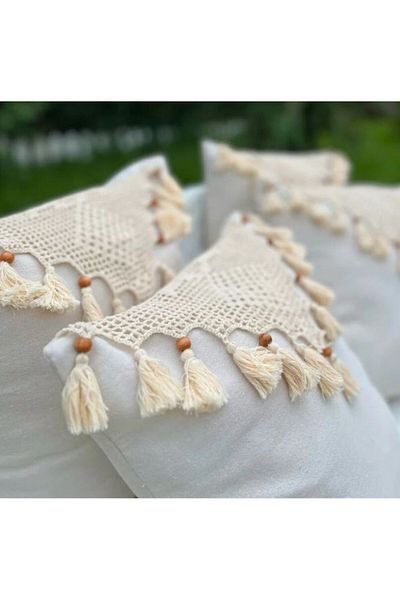 TUNCAY TEKSTİL 4-Piece Bohemian Style Cotton Linen Throw Pillow Cover with Hand Lace and Knit Rope Embroidery