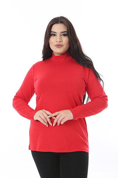 Şans Women's Plus Size Red Stand Collar Long Sleeve Blouse 65N38540