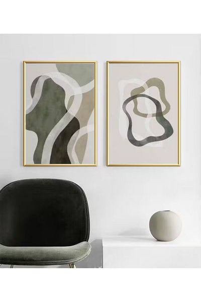 Linacci Set de picturi din sticlă abstractă verde cu cadru dublu din metal auriu