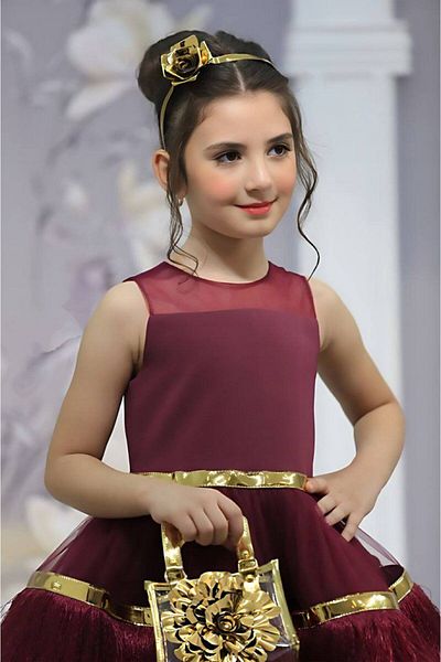Ribbon kids κοριτσάκι ειδικής σχεδίασης χρυσά αξεσουάρ βραδινό φόρεμα & τζιν μπουφάν & χρυσή τσάντα & τακ 4 τεμαχίων