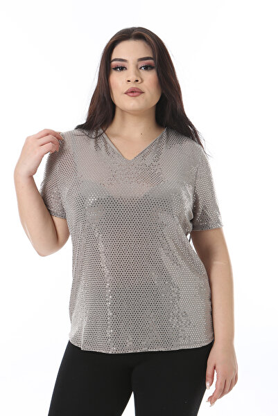 Şans Women's Plus Size Mink V-Neck Sequined Blouse 65N38510