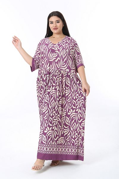 Şans Women's Plus Size Purple V-Neck Waist Drawstring Relaxed Fit Dress 65N38486