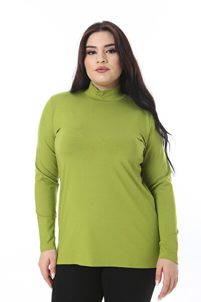 Şans Women's Plus Size Green Stand Collar Long Sleeve Blouse 65N38540
