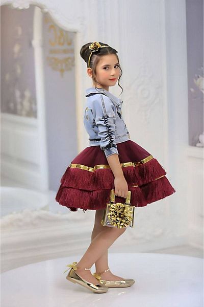 Ribbon kids κοριτσάκι ειδικής σχεδίασης χρυσά αξεσουάρ βραδινό φόρεμα & τζιν μπουφάν & χρυσή τσάντα & τακ 4 τεμαχίων