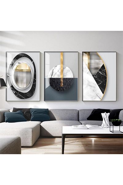 Linacci Triple Black Metal Frame Gray Geometric Pattern Glass Table Set