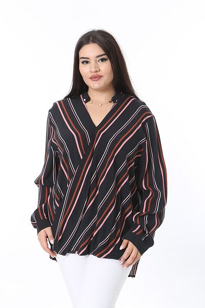 Şans Women's Plus Size Black Wrap Collar Color Long Sleeve Blouse 65N38508