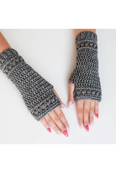 YOS TREND Gri Etnik Örgü Motif Detaylı Yarım Parmaksız Eldiven - El Yapımı Şı...