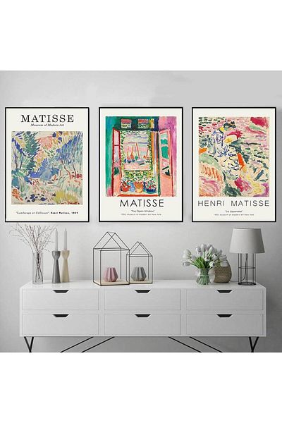 Linacci Triple Black Metal Frame Matisse Colored Glass Painting Set
